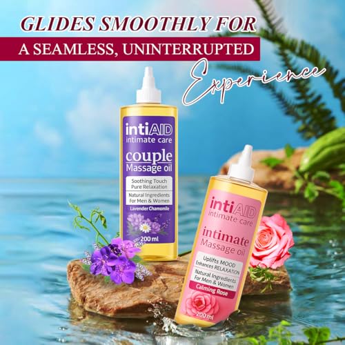 Image of Couple & Intimate Massage Oil Pack of 2 with Sensual Bliss of Lavender & Chamomile. Ideal for Couples Date Nights & Soothing Massage Experience. Non-Sticky Texture - 200ml Each