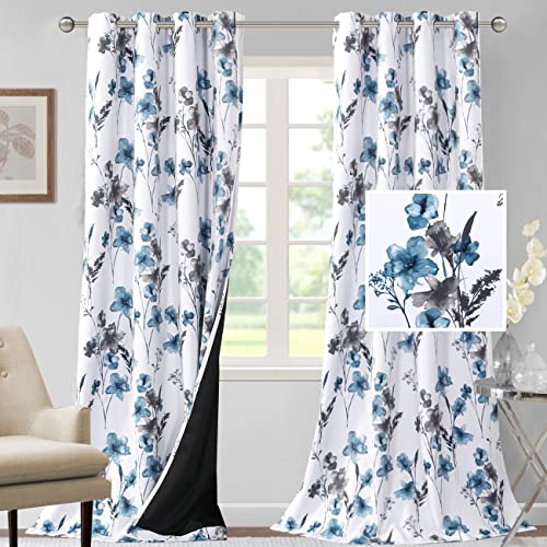 H.VERSAILTEX 100% Blackout Curtains 108 inch Length 2 Panels Set Cattleya Floral Printed Drapes Leah Floral Thermal Curtains for Bedroom with Black Liner Sound Proof Curtains, Grey and Blue
