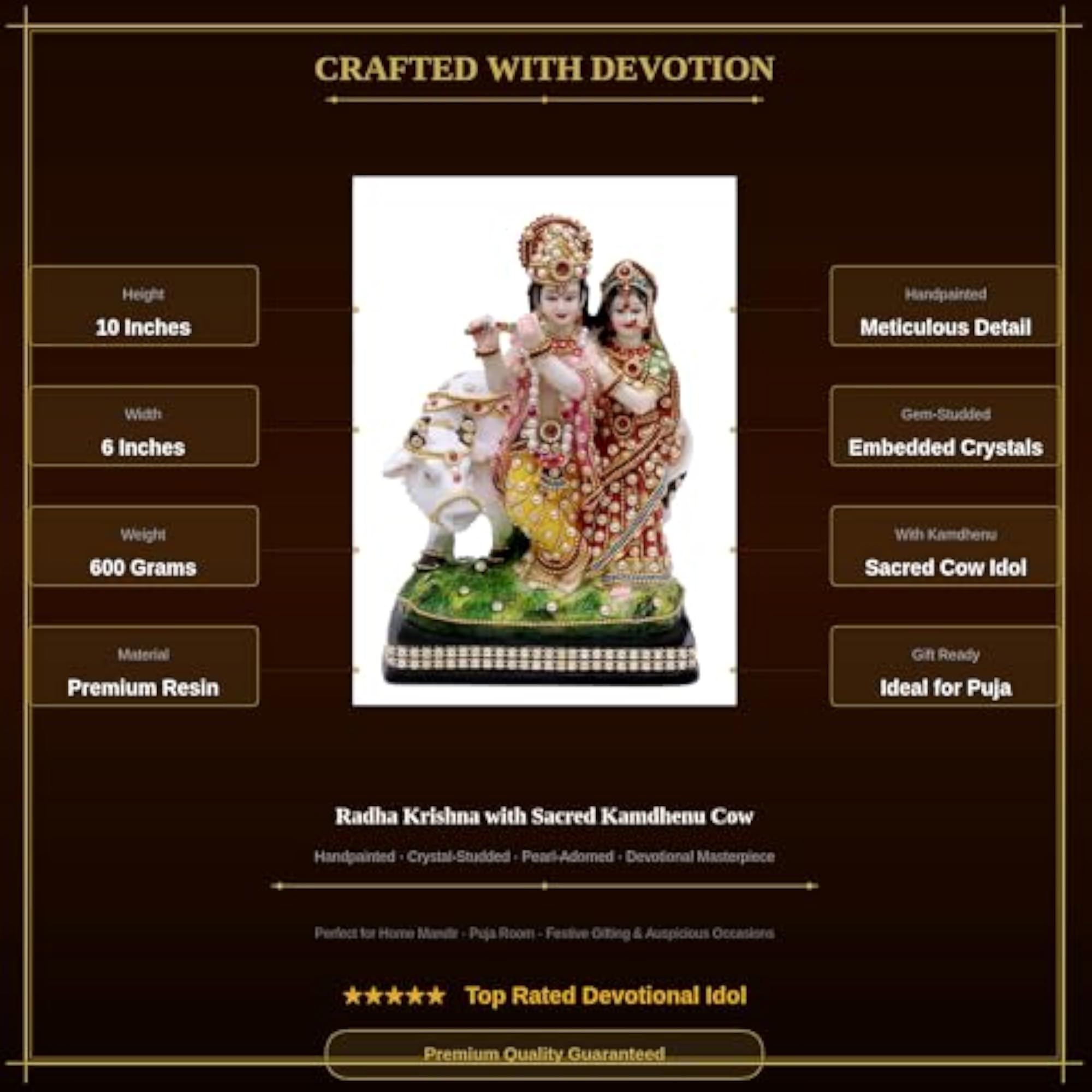 Radha Krishna with Cow Idol Statue, 10 Inch