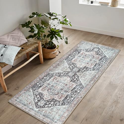 Bloom Rugs Washable Non-Slip 12 ft Runner - Charcoal/Brown Traditional Medallion Runner for Entryway, Hallway, Bathroom, and Kitchen - Exact Size: 2.5' x 12'