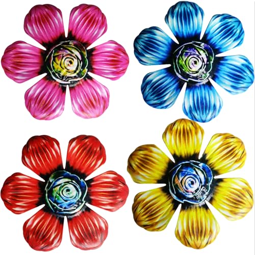 LITIALLY 4PCS Metal Flower Wall Decor Set - 5.7 Inch, Elegant Metal Flower Wall Art Garden Decor Hanging for Indoor and Outdoor Hanging - Perfect for Farmhouse, Fence, Patio, Living Room, Bedroom, Kitchen, Dining Room