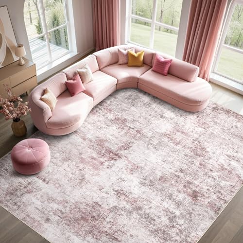 7x9 Area Rug Living Room Rugs - Washable Neutral Modern Abstract Soft Thin Large Rug Indoor Floor No Slip Rug Carpet for Bedroom Under Dining Table Home Office Decor - Pink
