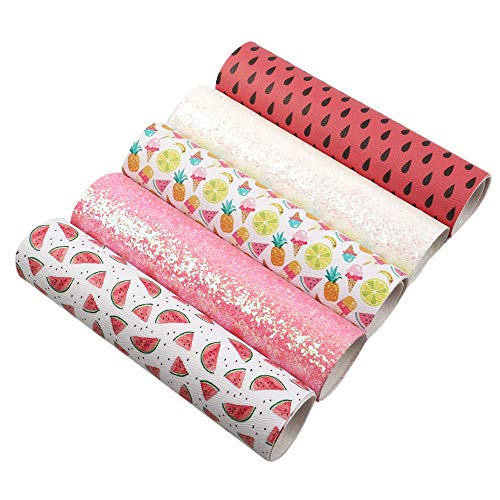 David Angie Summer Fruits Faux Leather Sheet Glitter Synthetic Leather Fabric Assorted 5 Pcs 7.7