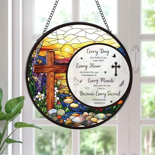 Cross Stained Glass Window Hanging Bible Catchers Indoor Window Gifts for Grandma Mom Women Men Christmas Wall Art Decor for Home Garden Doors