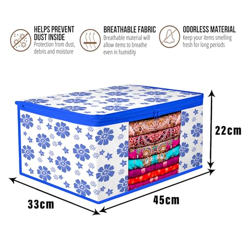 Image of Kuber Industries Saree Cover | Saree Bag | Wardrobe Organizer for Storage Dress and Salwar | Flower-Design | 9 inch | Pack of 3 | Blue