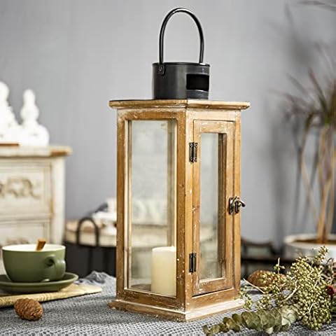 Farmhouse Hanging Candle Lantern 15" Tall, Rustic Wooden Lantern Hurricane Candle Holder with Glass for Fireplace, Outdoor Candle Lantern for Centerpiece Living Room Bedroom Wedding Party Christmas Cover