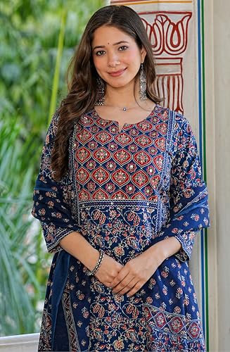 Image of Amayra Women's Pure Cotton Printed Straight Kurta Set with Palazzo Pants & Dupatta|Ethnic wear|Kurti Suit Set for Women