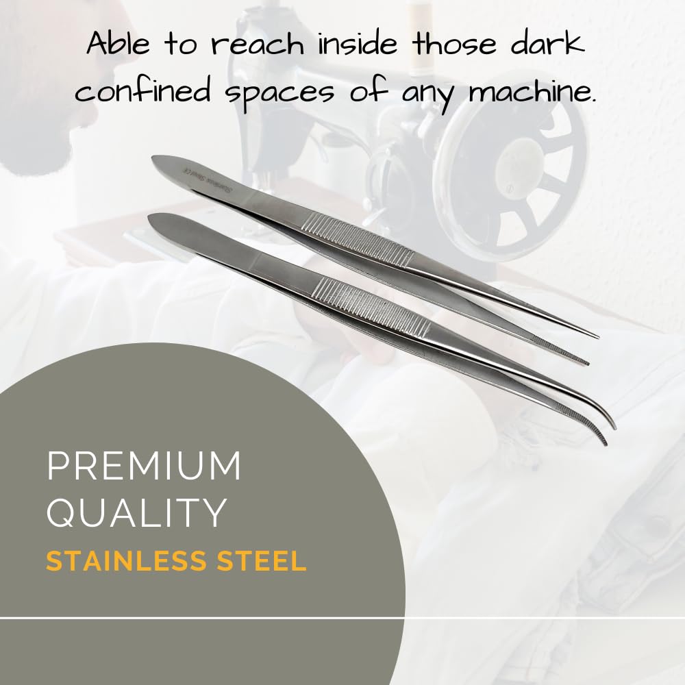 2 Pcs Tweezers Straight + Angled Serrated Tip Multipurpose Sewing Machine Repair Forceps Helps in Embroidery Picking Sorting Plucking thread Made of Stainless Steel and Ridged Handle (5.5 Inch)