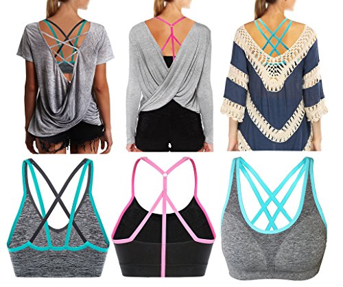 Image of AKAMC Women's Cross Back Sport Bras,Adjustable Straps Padded Criss Cross Cropped Bras for Yoga Workout Fitness