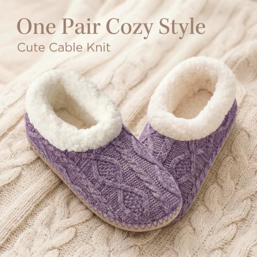 Image of cosyone1997 Cable Knit Slipper Socks for Women Non Slip Soft Sole | Fuzzy sherpa lining, gripper dots, flexible bootie coverage and machine washable care for warm, comfortable indoor wear