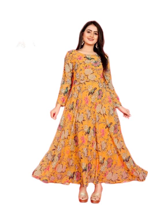 Women's Floral Print Long Georgette Kurti Gown with Round Neck and Full Sleeves-image-44