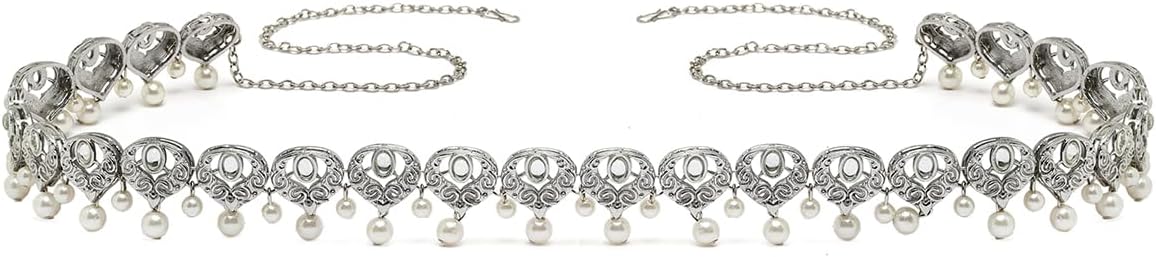 Oxidised Silver Pearl Studded Heart Shape Kundan Kamarbandh for Women