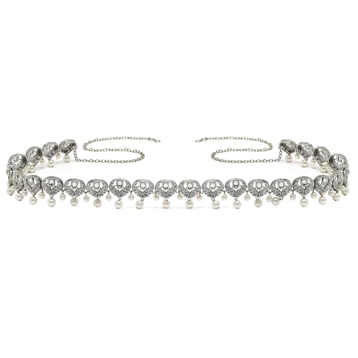 Karatcart Oxidised Silver Pearl Studded Heart Shape Kundan Kamarbandh for Women