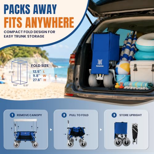 Image of Navatiee Beach Wagon with Big Balloon Wheels for Sand, 200L Extra Large Beach Cart with Canopy, 440Lbs Heavy Duty Folding Wagon Collapsible with 9 inch Tires & Side Pocket for Beach, Outdoor, Blue