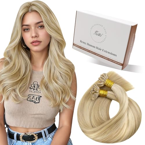 Hetto Extensions Cheveux Naturel Keratine - MeChes Blond Dore Clair & Blond Clair – Cheveux Humains Remy, Nail Tip U Tip - Fusion Chaude – Invisible, Tenue...