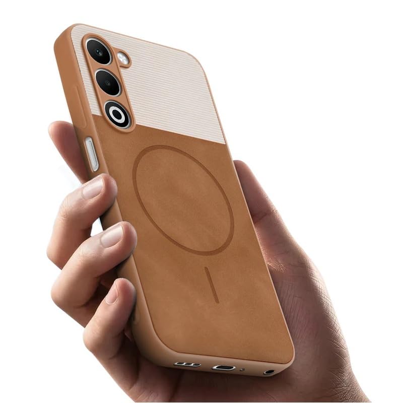 Image of Bintage case Dual-Leather Macc-Safe Design Phone Case| Soft Touch Finish | Full Camera Protectection Back Cover Compatible for Oppo CPH2751 /Oppo A5 5G - White & Nut Brown