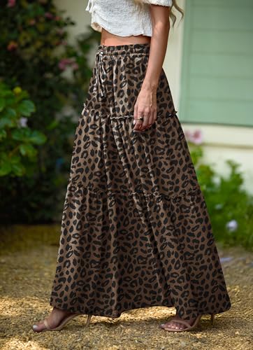 Image of Lepunuo Womens Casual Boho High Waisted Flowy Maxi Skirts Tiered Floral Long Skirts with Pockets for Summer Beach Vacation