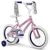 Huffy Illuminate 16” Girl’s Bike with Removable Training Wheels, Gloss Pink Frame with Butterfly Graphics, Chain Guard, White Tires and Purple Rims