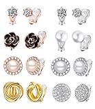 Wremily 8 Pairs Clip Earrings Set for Women Rose Flower CZ Simulated Pearl Gold Knot Clip Earrings w