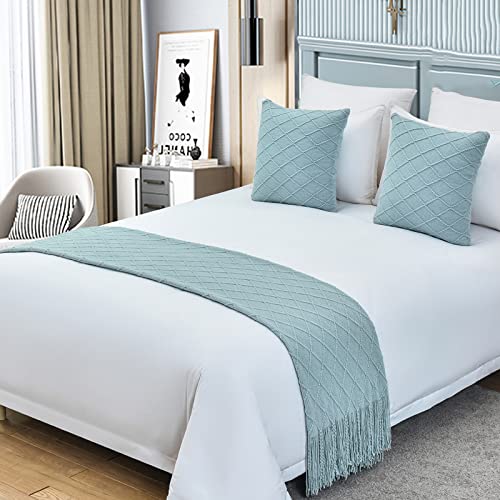 Cotton Knit Bed Runner,Knitted Throw Blanket With Tassel,Decorative Bedding Scarf Cover,Solid Color Woven Sofa Throw Bed Runner For Hotel Home Double Single King Size Bed(Twin 25X68Inch, Light Blue) #TOP9