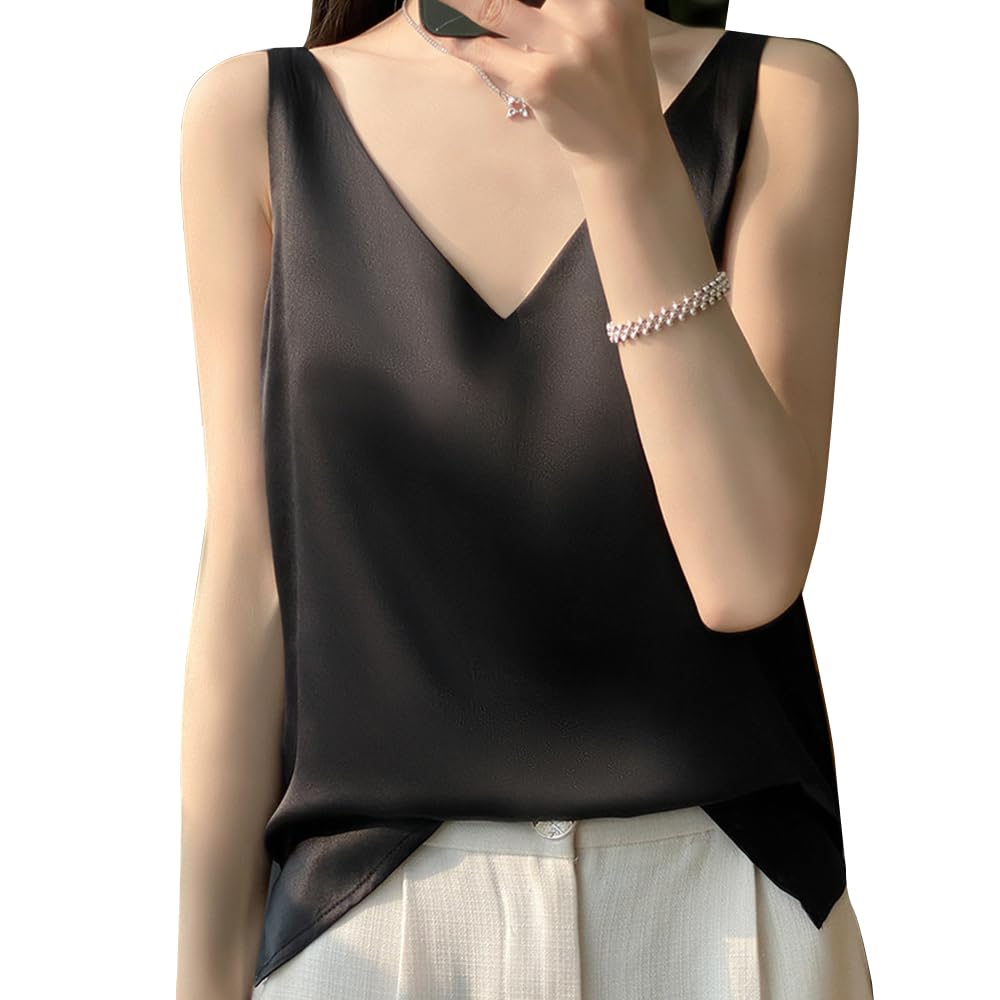 HSAJS Camiseta de Satén Sin Mangas para Mujer Camisa Tirantes Cuello en V Satén Camisetas Camisole Top Elegante Sexy Blusa Shirt Casual Cami Tank Tops