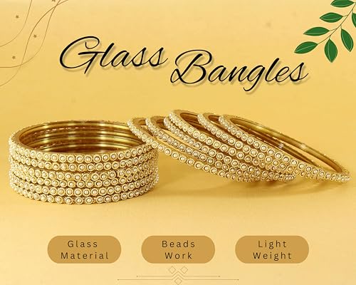 Image of NMII Glass Golden Beads & Pearls Moti Work Designer Bangles Set For Women & Girls | Kanch ki Chudi Set | Girl's Bangles Bracelet | Glass Bangles | Daily, Wedding, Party, Fashion Jewellery- Set of 12