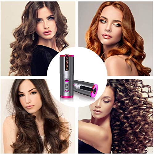 AMZGIRL Cordless Auto Curler, Automatic Curling Iron, Rechargeable Auto Ceramic Barrel Hair Waves Curler with 6 Temperature & Timer Settings, Auto Shut-Off Portable Curling Wand for Hair Styling (Pink)