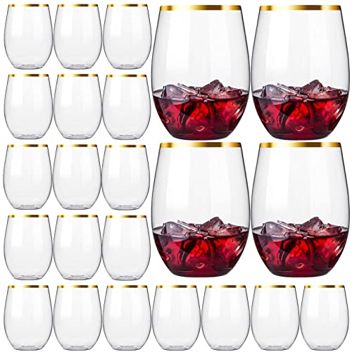 Eventpartener 20 Pack Disposable Stemless Wine Glasses, 16 Oz Plastic Wine Cups, Gold Rim Unbreakable Wine Glasses, Whiskey Cocktail Glasses, Shatterproof Clear Drinking Glasses For Party, Wedding #TOP2