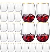 20 Pack Disposable Stemless Wine Glasses, 16 OZ Plastic Wine Cups, Eventpartener Gold Rim Unbreak...
