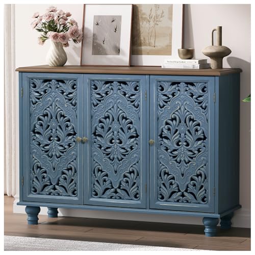 Image of JOINICE 42.5 inch Accent Storage Cabinet with 3 Carved Doors,Blue & Walnut | Versatile Storage for Living Room & Dining Room & Bedroom & TV Stand, Solid Wood Legs, Farmhouse /Rustic Style, Easy Assembly