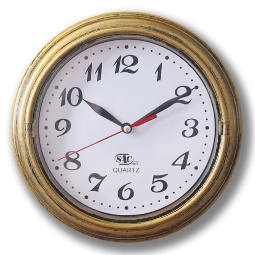 SAC SMARTEN ARTS Decor Silent Wall Clock Non-Ticking Decor Wall Clock 8 Inches Vintage Gold Metalic Looking Easy to Ready for Home/School/Hotel/Office
