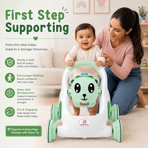 Image of Mommers Baby Walker Musical Push Support with Wheels & Handle Cute Design Activity Walker, for Toddlers, Balanced Wheels, Indoor Play, Green