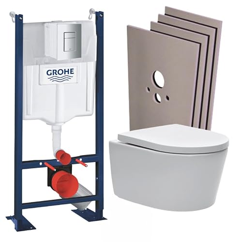 WC Suspendu Pack Complet Accessoires - Pack Grohe Bâti autoportant, WC sans bride, fixations invisibles, Abattant softclose, Plaque chrome mat, Set habillage, Abattant WC,Cuvette Toilette