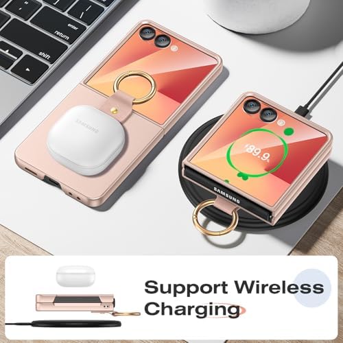 Ruky for Samsung Galaxy Z-Flip-7 Case with Ring, Full Body Shockproof Z Flip7 Case with Built-in Outer Screen Protector Girls Women Cover for Galaxy Z Flip 7, Rose Gold - Thumbnail 4