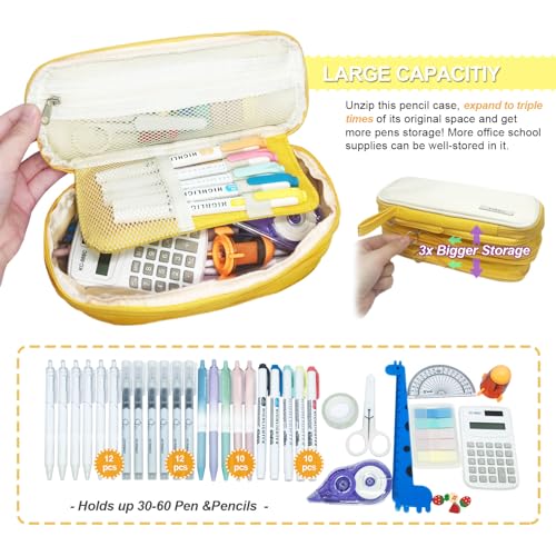 Image of Pencil Case Large Capacity Pouch Bag with Zippers, Expandable Pen Bag Storage Holds 50-100 Pencils, Colors Pencil Box Organizer Case Office School Supplies for Girls Boys Adults(Yellow)