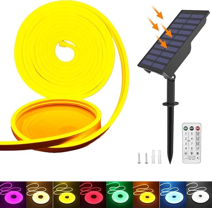 KISUFU Solar Energy Neon LED Ribbon, 24V Neon LED Strip Light IP65 Waterproof Silicone with 1.5w Solar Rechargeable Wall Mount USB Controller for Garden, Outdoor Yard Party Decoration