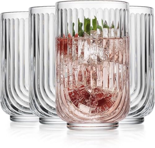 Image of PrimeWorld Vintage Ribbed Drinking Glasses Set of 4-520 ml | Heavy Big Size Art Deco U-Shape Arch Design Colored Glass Tumblers for Water, Juice, Cocktails | Decorative Party Glassware