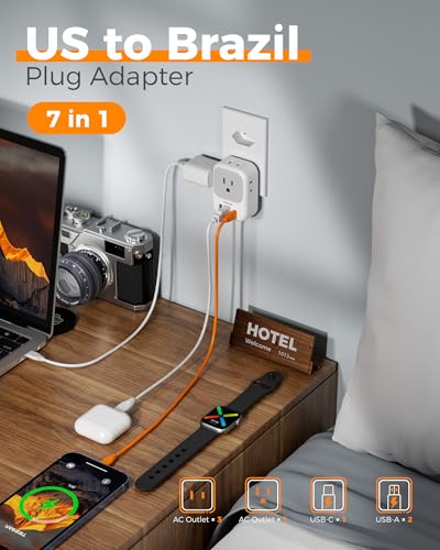 Image of TESSAN Brazil Power Adapter PD 20W, Type N Plug Adapter with 4 American Outlets 3 USB Charger (1 USB C Port), US to Brazil Travel Adaptor for USA to Brazilian Brasil