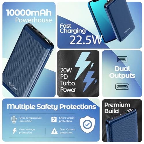 pTron Newly Launched Dynamo Vortex 10000mAh 22.5W Fast Charging Power Bank, Supports VOOC/Wrap/Dash USB Charging, 20W PD Fast Charging, 2 Outputs, 1 Input & Multiple Layers of Protection (Blue) - Image 4