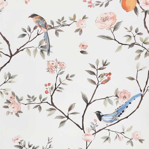 Papel pintado floral rosa, 44 x 1000 cm, flores rosas y pájaros azules, hojas verdes, bosque, bohemio de flores pálidas, autoadhesivo para sala de estar, baño, cajón
