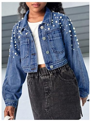 Image of WDIRARA Girl's Beaded Denim Jacket Button Down Collared Long Sleeve Jeans Jackets Y2K Outerwear