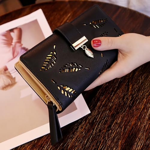 Women's Long Leaf Bifold Wallet Card Holder Purse Zipper Buckle Elegant Clutch Wallet Handbag for Women
