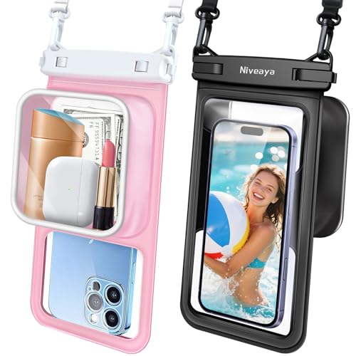 Niveaya [Floatable Floating Waterproof Phone Pouch 2 Pack-Up to 8.5", Large Space Adjustable Neck Lanyard Waterproof Phone Case, Phone Dry Bags for Vacation Beach Pool Kayak Cruise Travel Essentials