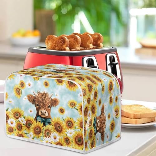 Image of Talayituse Highland Cattle Sunflower Daisy Print Toaster Cover 2 Slice Wide Slot, Lightweight Bread Maker Cover Dust Protection Washable Appliance Bag, S