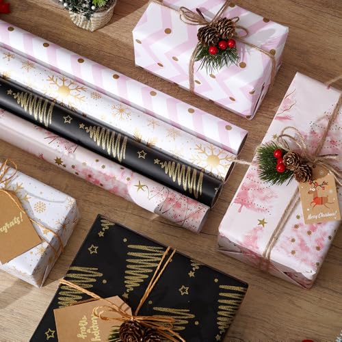 Conjunto de 4 rolos de papel de embrulho de Natal, rolo de papel de embrulho de Natal, papel de embrulho de Natal, papel de embrulho de Natal com autocolantes etiquetas