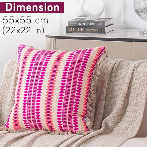 Image of HOKIPO 'Artisan Boho Series' Sofa Cushion Covers | 450 GSM Cotton Acrylic Jacquard | Tassel Design | 22x22 Inch (55x55 cm) | Pack of 2, Fucshia Pink (IN-906-A5*2)