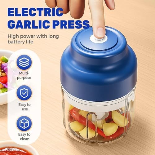 Electric Garlic Chopper - Mini Portable Food Processor, 300ml Rechargeable Chopper With 6 Sharp Blades For Nuts, Spices, Garlic, Vegetables - Ideal Kitchen Gadget, Blue White 4 Blades - 1