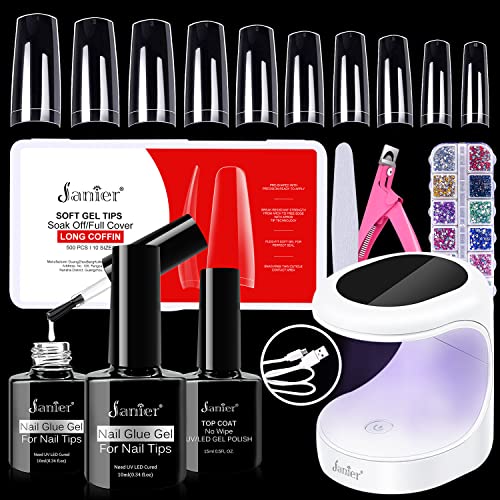 Janier Coffin Nail Tips Nail Glue Kit,2 In 1 Nail Glue Base Coat Top Coat for Acrylic Nail with Coffin Fake Nail and U V LED Nail Lamp,Nail Extension Gel DIY Home Nail Art Set…
