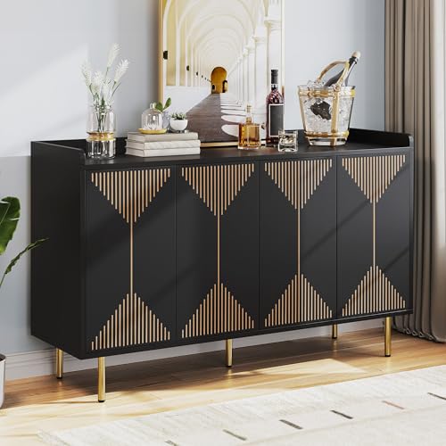 DWVO 55" Kitchen Storage Cabinet with Carved Design Door, Adjustable Shelves, Modern Sideboard Buffet Cabinet with Storage for Hallway, Kitchen or Living Room, Black