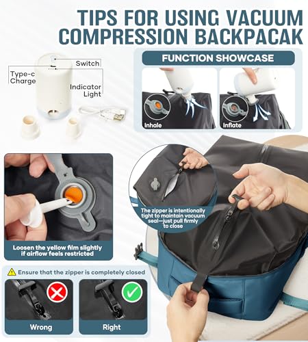 Large Vacuum Travel Backpack with Pump for Women, Personal Item Carry on Backpacks Flight Approved 18x14x8 inches for Men,Laptop Waterproof Work Compression bags Casual Daypack,Peacock Blue4